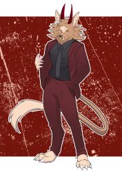  2024 anthro black_clothing black_shirt black_tie_(suit) black_topwear border claws clothing demon digital_media_(artwork) fangs felid feline fur half-closed_eyes hand_in_pocket hi_res horn looking_at_viewer male mammal milo_the_cat_demon narrowed_eyes outline pockets red_background red_clothing red_horn red_suit ryzcii sharp_teeth shirt simple_background slightly_open_mouth solo standing suit tail tail_tuft tan_body tan_fur teeth textured_background topwear tuft white_border white_outline 