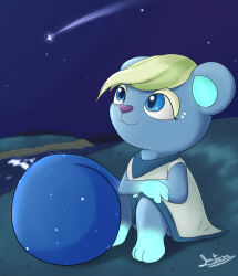  2021 animal_crossing anthro blue_body blue_ears blue_eyes blue_tail clothing colored cosmic_tail digital_media_(artwork) dress female grass green_eyelids green_hair hair hi_res ione_(animal_crossing) jollythinker looking_up mammal night nintendo outside plant purple_nose river rodent sciurid shaded signature sitting sky smile solo star starry_sky tail teal_inner_ear tree_squirrel water white_clothing white_dress 