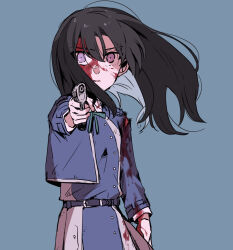  aiming aiming_at_viewer blood blood_on_clothes blood_on_face blood_on_hands blue_background closed_mouth commentary_request dress female green_ribbons gun handgun holding holding_gun holding_weapon inoue_takina looking_at_viewer lycoris_recoil lycoris_uniform neck_ribbon purple_dress purple_eyes ribbon sakurada_en simple_background solo torn_clothes upper_body weapon 