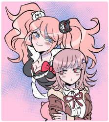  2girls :o animal_bag bear_hair_ornament blush border breasts brown_hair brown_jacket cat_bag danganronpa:_trigger_happy_havoc danganronpa_(series) danganronpa_3_(anime) enoshima_junko hair_ornament hope&#039;s_peak_academy_school_uniform jacket large_breasts medium_hair multicolored_background multiple_girls nanami_chiaki neck_ribbon open_clothes open_jacket pink_bag pink_eyes red_ribbon ribbon school_uniform twintails uzu_(uzusio55) white_border 