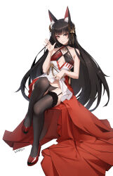  absurdres animal_ears azur_lane bare_shoulders black_panties blush breasts brown_hair center_opening cleavage_cutout clothes_lift clothing_cutout dress dress_lift female fox_ears fox_girl full_body garter_straps hair_ornament hand_up highres japanese_clothes kimono leg_up legs lifting_own_clothes long_hair looking_at_viewer midriff_peek nagato_(azur_lane) nagato_(meta)_(azur_lane) panties presenting sitting sleeveless sleeveless_dress slit_pupils small_breasts smile solo thighhighs thighs underwear very_long_hair waving xnnagu yellow_eyes 