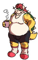  anthro apolonoise ass belly beverage big_belly big_butt black_bottomwear black_clothing black_shorts bottomwear bowser claws clothing coffee coffee_mug fangs footwear green_body green_scales horn koopa male mane mario_bros musclegut muscular muscular_male nintendo overweight overweight_male red_mane scales scalie shell shirt shorts simple_background snout socks solo tail tank_top teeth tight_clothing topwear turtle_shell white_background white_clothing white_shirt white_tank_top white_topwear yellow_body yellow_scales 