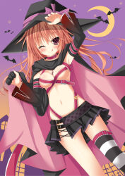  ;q arm_up armpits ayachi_nene ayachi_nene_(cosplay) bare_shoulders bat_(animal) belt belt_bra black_cape black_hat black_shirt blush breasts breasts_squeezed_together cape clip_studio_paint_(medium) closed_mouth commentary_request cosplay crescent_moon detached_sleeves dutch_angle eyelashes eyes_visible_through_hair feet_out_of_frame female floating_hair hair_between_eyes hair_down halloween hand_up happy hat highres hip_vent holding holding_cape holding_unworn_clothes inaba_meguru long_hair long_sleeves looking_at_viewer medium_breasts miniskirt moon navel nekono one_eye_closed orange_hair pink_belt pink_cape pleated_skirt purple_background red_eyes sanoba_witch shiny_skin shirt simple_background single_thighhigh skirt smile solo split_mouth standing star_(symbol) striped_clothes striped_thighhighs thighhighs tongue tongue_out tsurime two-sided_cape two-sided_fabric two-tone_cape wide_sleeves witch witch_hat zettai_ryouiki 