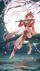  absurdres bare_legs bare_shoulders barefoot black_shorts breasts cherry_blossoms closed_eyes closed_mouth elbow_gloves falling_petals female flute fu_hua fu_hua_(fenghuang_of_vicissitude) full_body full_moon gloves highres holding holding_flute holding_instrument honkai_(series) honkai_impact_3rd instrument jingwei_(bird) moon multicolored_hair night night_sky on_branch petals red_gloves red_hair short_shorts shorts sky small_breasts solo tree two-tone_hair user_ygwf7527 water white_hair 