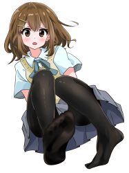  :o absurdres amanotti_01 black_pantyhose blue_ribbon blush brown_eyes brown_hair collared_shirt commentary_request convenient_leg double-parted_bangs dutch_angle eyebrows_hidden_by_hair feet female foreshortening full_body grey_skirt hair_between_eyes hair_ornament hairclip highres hirasawa_yui k-on! knees_together_feet_apart knees_up looking_at_viewer medium_hair miniskirt neck_ribbon no_shoes open_mouth pantyhose pleated_skirt ribbon school_uniform shirt short_sleeves sitting skirt soles solo sweater_vest toes white_shirt yellow_sweater_vest 