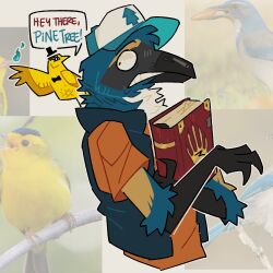  1:1 2024 alternate_species anthro avian beak bill_cipher biped bird black_beak black_body black_feathers black_hands blue_body blue_clothing blue_feathers blue_topwear blue_vest book california_scrub_jay clothing colored corvid dialogue digital_drawing_(artwork) digital_media_(artwork) dipper_pines disney duo english_description feathers feral furrification gravity_falls hat headgear headwear holding_book holding_object howlhawk jay_(bird) male multicolored_body multicolored_feathers new_world_jay orange_clothing orange_shirt orange_topwear oscine passerine scared scrub_jay shirt size_difference speech_bubble surprise talking_to_another talon_hands tan_body tan_feathers teeth topwear vest wide_eyed wilson&#039;s_warbler yellow_body yellow_feathers 