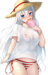  alternate_costume arm_at_side bikini blue_eyes blunt_ends blush bracelet breasts commentary_request covered_mouth cowboy_shot crepe eating eyelashes eyes_visible_through_hair female food food_on_face fruit hair_between_eyes hand_up hat hat_ribbon highres holding holding_food jewelry large_breasts long_hair looking_at_viewer naruse_shiroha nori_aji red_bikini red_ribbon ribbon see-through see-through_shirt shirt shirt_tug short_sleeves side-tie_bikini_bottom simple_background solo straw_hat strawberry striped_bikini striped_clothes summer_pockets swimsuit tsurime very_long_hair wet wet_clothes wet_shirt white_background white_hair white_shirt 