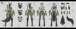  absurd_res anthro black_body black_fur blue_eyes bottomwear breasts clothing female fur gas_mask green_clothing green_shirt green_topwear gun hair hi_res jacket mammal marquez_(wild_assault) mask mephitid military model_sheet multicolored_body multicolored_fur official_art pants ranged_weapon shirt skunk soldier solo topwear unknown_artist warrior weapon white_body white_fur white_hair wild_assault 