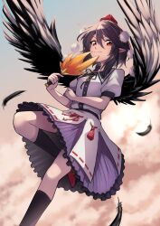  ashiroku_(miracle_hinacle) bird_wings black_hair black_ribbon black_socks black_wings cloud collared_shirt commentary_request feathered_wings feathers female foot_out_of_frame hand_fan hat hauchiwa highres holding holding_fan kneehighs looking_at_viewer lotus_eaters medium_hair neck_ribbon pointy_ears pom_pom_(clothes) puffy_short_sleeves puffy_sleeves purple_skirt red_eyes red_footwear red_hat red_ribbon ribbon ribbon-trimmed_skirt ribbon_trim shameimaru_aya shirt short_sleeves skirt socks solo tokin_hat touhou two-tone_skirt white_shirt white_skirt wings 