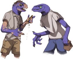  anthro bag claws clothed clothing cookie creep_(goosebumps) duo eating eyewear food glasses goosebumps green_sclera hair hair_loss hi_res human male mammal paperbag pupils purple_body purple_scales scales scalie simple_background slit_pupils sturaptor transformation transformation_through_food white_background 