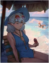  2girls :/ absurdres arms_up asimov_(spindle_(aidenr0)) bare_shoulders beach beach_towel black_eyes blue_hat blue_one-piece_swimsuit blue_sky blush bob_cut breasts brown_hair chair cleavage cleavage_cutout closed_mouth clothing_cutout cloud commentary constricted_pupils dusk elf english_commentary eyewear_on_head flailing food gold_trim groin hat head_grab hexagonal_eyewear highres holding holding_another&#039;s_wrist holding_food holding_ice_cream horizon ice_cream light_blush looking_at_another looking_to_the_side lounge_chair lounging medium_breasts medium_hair multiple_girls ocean one-piece_swimsuit original ottilie_(spindle_(aidenr0)) pink-tinted_eyewear pink_sky pointy_ears raised_eyebrows restrained sand scared short_hair shouting sitting sky spindle_(aidenr0) splashing spread_fingers sun_hat sunglasses surprised swept_bangs swimsuit tentacle tentacle_grab tinted_eyewear towel v-shaped_eyebrows waves white_hair yellow-framed_eyewear 