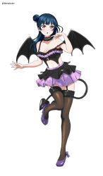  :o absurdres black_skirt black_tank_top black_thighhighs blue_hair blush breasts cleavage demon_girl demon_tail demon_wings dorsalecart female full_body hair_bun highres layered_skirt long_hair looking_at_viewer love_live! love_live!_sunshine!! medium_breasts midriff navel open_mouth purple_eyes purple_footwear purple_skirt simple_background single_hair_bun skirt smile solo tail tank_top thighhighs tsushima_yoshiko two-tone_skirt white_background wings 