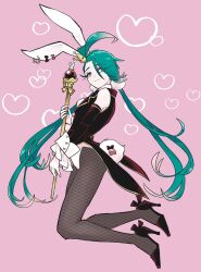  alternate_costume animal_ears bright_pupils fake_animal_ears fake_tail female fishnet_pantyhose fishnets green_hair highleg highres kouda_zouni pantyhose playboy_bunny pokemon rabbit_ears rabbit_tail rika_(pokemon) solo tail white_pupils wrist_cuffs 