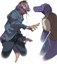  acipenseriformes anthro claws clothed clothing creep_(goosebumps) duo eating fish growth hair hair_loss hi_res human male mammal marine pupils purple_body purple_scales scale_growth scales scalie sharp_teeth simple_background slit_pupils snout snout_growth sturaptor sturgeon tail tail_growth tail_growth_in_pants teeth transformation transformation_through_food white_background 