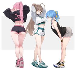  3girls absurdres alternate_costume armpit_crease arms_behind_head ass back bare_legs black_camisole black_sports_bra blue_eyes blue_hair bluefield breasts brown_eyes brown_hair camisole closed_mouth cropped_sweater crossed_bangs dolphin_shorts english_commentary facing_away from_behind full_body grey_shorts hair_between_eyes hair_ornament hair_ribbon hands_on_own_knees highres hololive hololive_english hoshimachi_suisei kneepits leaning_forward legs long_hair looking_at_viewer looking_to_the_side medium_breasts midriff mori_calliope multicolored_hair multiple_girls multiple_views nanashi_mumei navel pink_hair ponytail ribbon shoes short_shorts shorts simple_background skull_and_crossbones skull_print sleeveless smile sneakers sports_bra sportswear standing star_(symbol) star_in_eye streaked_hair symbol_in_eye thigh_gap thighs underbutt very_long_hair virtual_youtuber white_background white_footwear white_hair white_shorts white_undershirt yellow_eyes yellow_ribbon 