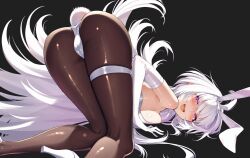  animal_ears bare_shoulders blonde_hair blush breast_press character_request cluseller copyright_request fake_animal_ears female hair_intakes high_heels highres leotard long_hair looking_at_viewer pantyhose pink_eyes playboy_bunny rabbit_ears rabbit_tail simple_background skindentation smile solo tail thigh_strap top-down_bottom-up white_leotard 