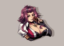  black_gloves breasts brown_eyes card cleavage dih_pixels dress female fingerless_gloves gloves grey_background holding holding_card izayoi_aki jewelry large_breasts pendant pixel_art red_dress red_hair simple_background solo trading_card upper_body yu-gi-oh! yu-gi-oh!_5d&#039;s 