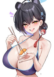  absurdres alternate_costume animal_ears armpit_crease bare_arms bikini black_hair blue_archive blue_bikini blue_hair blush breasts chopsticks cleavage collarbone colored_inner_hair commentary_request extra_ears feeding female fingernails fish_(food) fluffyebi01 food hair_bun highres holding holding_chopsticks kaguya_(blue_archive) large_breasts looking_at_viewer multicolored_hair nigirizushi open_mouth salmon short_hair simple_background single_hair_bun smile solo sushi sweat swimsuit teeth upper_body white_background yellow_eyes 