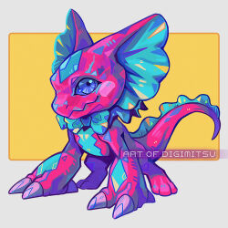  bandai_namco blue_eyes bow_tie claws digimitsu digimon digimon_(species) digimon_liberator elizamon feral frill_(anatomy) head_crest head_frill membrane_(anatomy) membranous_frill pink_body pink_scales scales smile solo 