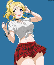  absurdres ayase_eli black_choker blonde_hair blue_background blue_eyes blush bracelet breasts choker cleavage dorsalecart female hair_ornament hair_scrunchie high_ponytail highres jewelry large_breasts looking_at_viewer love_live! midriff navel open_mouth plaid_clothes plaid_skirt pleated_skirt ponytail scrunchie shirt simple_background skirt solo tied_shirt white_shirt 