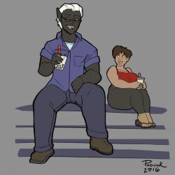  2016 arm_on_leg beverage big_breasts black_body black_skin blush bottomwear breasts brown_hair clothing draccy drinking_straw drow duo elf eyewear female footwear glasses hair hi_res holding_beverage holding_object human humanoid_pointy_ears lips looking_up_at_partner male male/female mammal padunk padunk_(padunk) pants sandals shirt shirt_collar shirt_pocket shoes signature simple_background sitting size_difference topwear undershirt white_hair yellow_eyes 