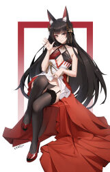  absurdres animal_ears azur_lane bare_shoulders black_panties blush breasts brown_hair center_opening cleavage_cutout clothes_lift clothing_cutout commentary_request dress dress_lift female fox_ears fox_girl full_body garter_straps hair_ornament hand_up highres japanese_clothes kimono leg_up legs lifting_own_clothes long_hair looking_at_viewer midriff_peek nagato_(azur_lane) nagato_(meta)_(azur_lane) panties presenting sitting sleeveless sleeveless_dress slit_pupils small_breasts smile solo thighhighs thighs underwear very_long_hair waving xnnagu yellow_eyes 