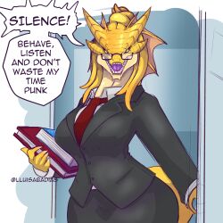  absurd_res anthro book business_suit clothed clothing command dialogue dragon dragon_(dnd) dungeons_and_dragons female fin formal_wear fully_clothed gold_dragon_(dnd) hasbro head_fin hi_res holding_book holding_object horn lluisabadias looking_at_viewer mythological_creature mythological_scalie mythology necktie pupils scales scalie sharp_teeth slit_pupils solo speech_bubble suit teacher teeth text wide_hips wizards_of_the_coast yellow_body yellow_eyes yellow_scales 