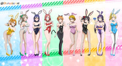  6+girls absurdres animal_ears arm_strap arms_behind_head ayase_eli black_hair black_leotard blonde_hair blue_eyes blue_hair blue_leotard bow bowtie breasts brown_hair card cat_ears cat_tail covered_navel crossed_arms detached_collar dorsalecart fake_animal_ears fake_tail fishnet_pantyhose fishnets green_eyes grey_hair grey_leotard high_heels highleg highleg_leotard highres holding holding_card hoshizora_rin koizumi_hanayo kosaka_honoka large_breasts leotard long_hair love_live! medium_breasts medium_hair minami_kotori multicolored_background multiple_girls nishikino_maki open_mouth orange_hair pantyhose pink-framed_eyewear pink_leotard playboy_bunny ponytail purple_eyes purple_hair purple_leotard rabbit_ears rabbit_tail red_hair red_leotard short_hair small_breasts smile sonoda_umi strapless strapless_leotard tail tojo_nozomi twintails white_leotard wrist_cuffs yazawa_nico yellow_eyes yellow_leotard 