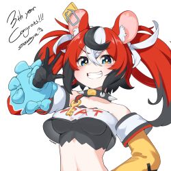  absurdres animal_ear_fluff animal_ears black_gloves black_hair blue_eyes blue_sleeves breasts crop_top detached_sleeves female gloves hakos_baelz hakos_baelz_(1st_costume) highres hololive hololive_english long_hair looking_at_viewer medium_breasts mouse_ears mouse_girl multicolored_hair red_hair snowmya solo streaked_hair twintails virtual_youtuber white_hair yellow_sleeves 