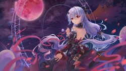  absurdres back balloon bat_hair_ornament black_dress breasts detached_sleeves dress earrings female ferris_wheel from_behind hair_ornament highres honkai_(series) honkai_impact_3rd jewelry long_hair long_sleeves looking_at_viewer looking_back moon night night_sky puffy_long_sleeves puffy_sleeves red_eyes red_moon sideboob sky solo star_(sky) starry_sky theresa_apocalypse theresa_apocalypse_(luna_kindred) theresa_apocalypse_(lunar_vow:_crimson_love) user_ygwf7527 white_hair 