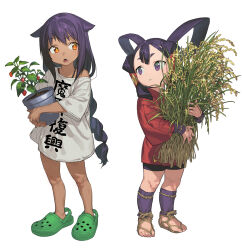  2girls bike_shorts clothes_writing commentary crocs crossover dark-skinned_female dark_skin full_body hair_flaps hair_rings hair_tubes highres holding holding_plant jahy jahy-sama_wa_kujikenai! japanese_clothes kimono leg_wrap long_hair long_sleeves looking_at_another low-braided_long_hair low-tied_long_hair mizura multiple_girls no_pants no_socks oerba_yun_fang open_mouth orange_eyes plant purple_eyes purple_hair raised_eyebrow red_kimono rice_(plant) sakuna-hime shirt short_kimono simple_background soosaresu standing symbol-only_commentary t-shirt tensui_no_sakuna-hime waraji white_background 