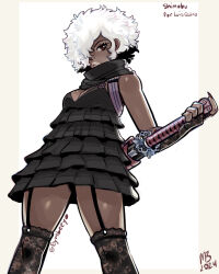  afro black_dress black_gloves black_scarf breasts brown_eyes character_name cleavage dark-skinned_female dark_skin dress elbow_gloves eymbee female fingerless_gloves fingernails frilled_dress frills garter_straps gloves hair_over_one_eye hand_on_weapon holding holding_sword holding_weapon katana kneehighs legs_apart long_fingernails looking_at_viewer medium_breasts no_more_heroes scarf shinobu_jacobs short_dress short_hair sleeveless sleeveless_dress socks solo sword weapon white_hair white_lips 