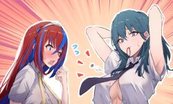  2girls alear_(female)_(fire_emblem) alear_(fire_emblem) alternate_costume blue_eyes blue_hair braid breasts byleth_(female)_(fire_emblem) byleth_(fire_emblem) crossed_bangs crown_braid fire_emblem fire_emblem:_three_houses fire_emblem_engage green_hair heterochromia large_breasts lemonolem long_hair medium_breasts multicolored_hair multiple_girls red_eyes red_hair split-color_hair two-tone_hair wardrobe_malfunction 