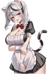  alternate_costume animal_ears apron black_dress black_hair blush cat_ears cat_tail dress female grey_hair hair_ornament hairpin highres hololive maid maid_apron maid_headdress medium_hair multicolored_hair open_mouth red_eyes sakamata_chloe streaked_hair tail virtual_youtuber white_apron white_headdress white_wrist_cuffs wrist_cuffs x_hair_ornament ya_ta 