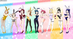  6+girls absurdres adjusting_eyewear animal_ears arm_strap arm_under_breasts arms_behind_back bare_shoulders bent_over black_hair black_leotard blonde_hair blue_eyes blue_hair blue_leotard blush bottle bow bowtie breasts brown_hair cleavage covered_navel crossed_arms detached_collar dorsalecart elbow_gloves fake_animal_ears fake_tail fishnet_pantyhose fishnets gloves green_eyes grey_hair hair_bun hanging_breasts high_heels highleg highleg_leotard highres holding holding_bottle kunikida_hanamaru kurosawa_dia kurosawa_ruby large_breasts leotard long_hair looking_at_viewer looking_back love_live! love_live!_sunshine!! matsuura_kanan medium_breasts multiple_girls ohara_mari open_mouth orange_eyes orange_hair pantyhose playboy_bunny ponytail purple_eyes rabbit_ears rabbit_tail red_hair red_leotard sakurauchi_riko single_hair_bun small_breasts smile strapless strapless_leotard tail takami_chika thighhighs traditional_bowtie tsushima_yoshiko watanabe_you white_pantyhose white_thighhighs wine_bottle wrist_cuffs yellow_eyes 