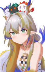  absurdres arknights bare_shoulders blonde_hair blush closed_mouth colored_extremities commentary dragon_bubble_(arknights) dragon_girl dragon_horns dragon_tail dusk_(arknights) earrings eyeliner female green_eyes grey_hair hair_between_eyes hair_intakes head_rest highres horns jewelry ling_(arknights) long_hair looking_at_viewer makeup multicolored_hair necklace nian_(arknights) no_jacket orange_eyeliner pointy_ears purple_hair shu_(arknights) simple_background solo strapless tail tail_raised tube_top upper_body white_background white_tube_top yeong100 