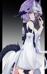  absurdres au_ra bare_shoulders blue_eyes covering_face detached_sleeves dragon_girl dragon_horns dragon_tail female final_fantasy final_fantasy_xiv fox_mask highres holding holding_mask horns jewelry looking_at_viewer mask purple_hair ring sana_(sanamaru_0w0) scales solo tail tail_through_clothes warrior_of_light_(ff14) wide_sleeves 