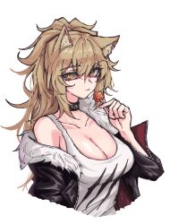  animal_ear_fluff animal_ears arknights bare_shoulders black_collar black_jacket blonde_hair breasts candy cleavage closed_mouth collar collarbone commentary cropped_torso eyes_visible_through_hair female food fur-trimmed_jacket fur_trim hair_between_eyes hand_up highres holding holding_candy holding_food holding_lollipop jacket korean_commentary large_breasts leather leather_jacket lollipop long_hair looking_at_viewer messy_hair off_shoulder petra_(jgc845601) siege_(arknights) simple_background solo studded_collar tank_top white_background white_tank_top yellow_eyes 