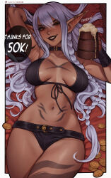  black_bra black_lips black_panties bra braid brown_eyes coin cowboy_shot cup dark-skinned_female dark_skin english_commentary english_text female front-tie_bra grey_hair highres holding holding_cup inspy_art long_hair lying milestone_celebration on_back one_eye_closed original panties pointy_ears side_braid solo underwear 