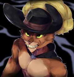  angry anthro athletic bared_teeth black_background cape cgamer cheek_tuft clenched_teeth clothing domestic_cat dreamworks facial_tuft fangs felid feline felis fur fuzzy green_eyes hat headgear headwear hi_res looking_up male mammal narrowed_eyes orange_body orange_fur portrait puss_in_boots_(character) puss_in_boots_(dreamworks) serious serious_face simple_background smoke solo teeth tuft whiskers 