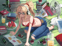  bare_shoulders barefoot blonde_hair bra braid breasts cleavage denim electric_fan fate/apocrypha fate_(series) feet female food fruit glasses green_eyes hands_on_floor headphones highres hot jeans leaning_forward legs_folded long_hair medium_breasts monster_energy mordred_(fate) mordred_(fate/apocrypha) no_shirt panties pants panty_peek parted_bangs ponytail red_bra sidelocks sitting soles solo strap_slip sweat toes tonee underwear watermelon watermelon_slice 