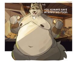  anthro big_cheeks butterontoast_(artist) canid canine canis chubby_cheeks detailed_background english_text far_beyond_the_world_(series) food hi_res holding_food holding_object jewelry male mammal moobs navel nipples obese obese_anthro obese_male overweight overweight_anthro overweight_male pendant ranok_(far_beyond_the_world) solo tail text wolf 