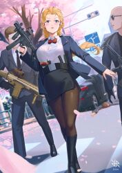  4boys assault_rifle battle_rifle black_necktie black_pants black_pantyhose black_skirt blue_jacket car cherry_blossoms corpse falling_petals female fn_scar_17 formal gun h&amp;k_mp5k heckler_&amp;_koch highres hiroki_ree jacket motor_vehicle multiple_boys necktie original pants pantyhose pencil_skirt petals rifle road_sign shirt sig_mcx sig_sauer sign skirt submachine_gun suit traffic_light trigger_discipline vehicle_request weapon white_shirt 