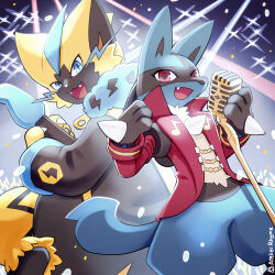  1:1 ambiguous_gender anthro atelier_rhyme band_style_zeraora clothed clothing concert_style_lucario duo electric_guitar electronics generation_4_pokemon generation_7_pokemon guitar legendary_pokemon lights lucario microphone microphone_stand musical_instrument nintendo plucked_string_instrument pokemon pokemon_(species) pokemon_unite spikes spikes_(anatomy) string_instrument teeth zeraora 