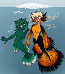  2023 5_fingers alternate_species awkwarddarknerd bubble dialogue digital_drawing_(artwork) digital_media_(artwork) duo ear_fins english_text fin fingers green_text hi_res humanoid izuku_midoriya katsuki_bakugou male male/male marine membrane_(anatomy) merfolk my_hero_academia nest open_mouth orange_body orange_skin sharp_teeth split_form teeth text webbed_hands 