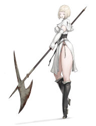  :d absurdres axe blonde_hair boots breasts capelet closed_eyes corset elbow_gloves female fingerless_gloves gloves halberd high_heel_boots high_heels highres holding holding_axe holding_polearm holding_weapon km_yama knee_boots medium_breasts original pelvic_curtain polearm short_hair smile solo tiptoes weapon white_background white_gloves 