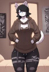  :3 ai_generated animal_ears bedroom big_breasts black_hair blue_eyes blush brown_hoodie civitai clothed clothing dog_ears dog_girl dog_tail furry hands_in_pockets head_tilt hoodie ihatethemic large_ass large_breasts low_pants maggie_applebee midriff short_hair slight_smile smile sweatpants sweatshirt tagme thick_ass thick_thighs white_fur wide_hips 