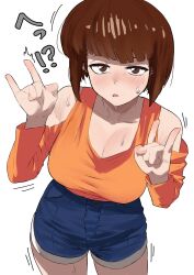  !? :o \m/ bare_shoulders blue_shorts blunt_bangs blunt_ends blush bob_cut breasts brown_eyes brown_hair cleavage clothing_cutout contrapposto cowboy_shot double_\m/ female highres large_breasts long_sleeves looking_at_viewer nose_blush orange_shirt ranma_1/2 shirt shirt_tucked_in short_hair short_shorts shorts shoulder_cutout simple_background solo sweatdrop taut_clothes taut_shirt tendou_nabiki uzuradobin white_background 