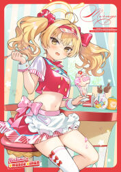  2024 apron artist_name blonde_hair blue_archive blush border bow brown_eyes comiket_104 crop_top dated female floating_hair food hairband hairbow highres holding holding_spoon ice_cream long_hair looking_at_viewer midriff miniskirt navel open_mouth outside_border pink_bow red_border red_bow red_hairband red_shirt red_skirt sakuro shirt short_sleeves single_thighhigh sitting skirt solo spoon stomach thighhighs twintails visor_cap waist_apron white_apron white_sleeves white_thighhighs wrist_cuffs yoshimi_(blue_archive) 