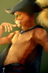  anthro arm_tuft belt cape cgamer cheek_tuft chest_tuft clothing domestic_cat dreamworks facial_tuft felid feline felis finger_on_mouth fluffy fur fuzzy green_eyes grey_background grin half-closed_eyes hat headgear headwear hi_res male mammal narrowed_eyes neck_tuft orange_body orange_fur portrait pose puss_in_boots_(character) puss_in_boots_(dreamworks) shoulder_tuft side_view simple_background slim smile solo standing teeth touching_mouth tuft 